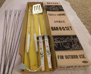 25-950 Vintage NOS Deluxe Triple Chrome 3 Piece Bar-B-Q Set KOCO Plus Skewers - Picture 1 of 10
