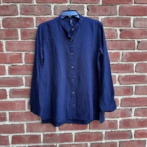 Eileen Fisher 178 $ Mini Karo Krepp Mandarinkragen Top marineblau XS - Bild 1 von 11