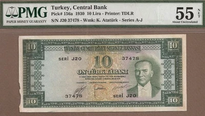 TURKEY: 10 Lira Banknote, (AU PMG55), P-156a, 1930, No Reserve! - Image 1 of 2