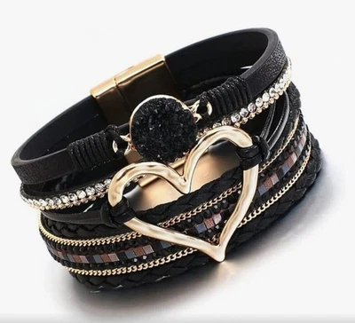 Brazalete envolvente de cuero multicapa corazón tono dorado cuarzo negro Foto 1 de 3