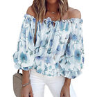 Floral Sleeve Blouse V Neck Off Shoulder Bell Sleeve Top Shirt(Blue XL) EMB
