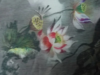 Seide Leinen -modernes Blütenmuster grau bunt Meterware -Große Motive - Bild 1 von 4