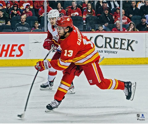 Johnny Gaudreau Calgary Flames Unsigned Alternate Jersey Shooting Photograph Cover