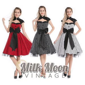 Vintage 1950s 60s Swing Rockabilly Black White Red Polka Dot Evening Party Dress - Picture 1 of 11