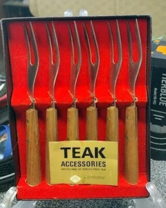 VINTAGE MCM JAPAN TEAK WOOD STAINLESS 7 3/4” FORKS SET OF 6 NEW IN BOX - Picture 1 of 4