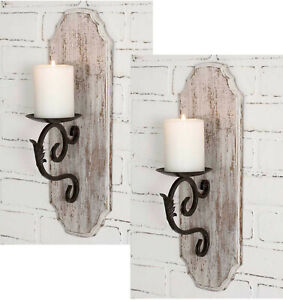 2pc Candle Sconces Rustic White Wood & Metal Wall Sconces Pillar Candle Holders 