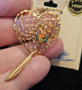 Vintage Necklace Heart Cut out filigree 'Rainbow flake & Turquoise' Feather WT - Bild 1 von 5