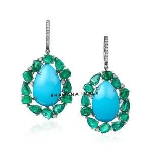 Natural Emerald, Diamond & Turquoise Earring 925 Sterling Silver Wedding Jewelry - Picture 1 of 3