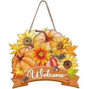 Fall Floral Welcome Sign Thanksgiving Wooden Hanging Door Sign Autumn Pumpkin - Picture 1 of 7