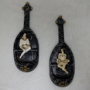 LARGE Vintage MCM Musical Harlequin Ballerina Boy Girl Pair Wall Hangings Kitsch - Picture 1 of 10