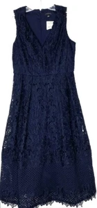 ANN TAYLOR Navy Guipure Lace Embroidered Flare Pleated Dress 2 XS Self Portrait - Picture 1 of 9