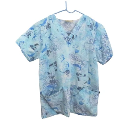 Tafford Women's Aqua Printed Medical Scrub Top Sz Small with V-Neck Sz S - Image 1 of 4