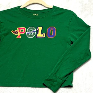 Polo Ralph Lauren Girls Long Sleeve Crop Shirt M 8-10 Green Cotton Patch Logo - Picture 1 of 7