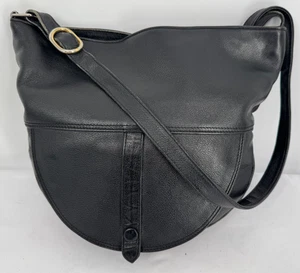 VTG 70s Beverly Black Pebble Leather Large Saddle Bag Handbag Shoulder Purse - Picture 1 of 16