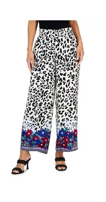 JM Collection Sz L Leopard Print Floral Wide Leg Pants Beach Resort Pull On a - Imagem 1 de 4