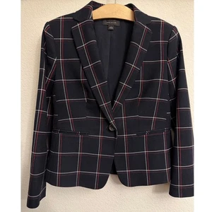 Ann Taylor Womens Size 0 Blazer Navy Plaid One Button Business Career - Picture 1 of 9
