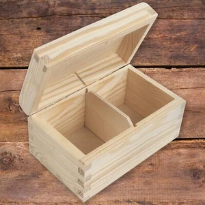 Two Compartments Wooden Box with Lid | Plain Pine to Decorate | Tea Storage - Picture 1 of 7