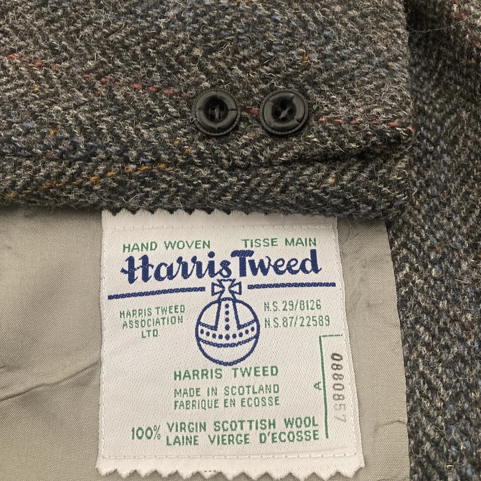Vintage Harris Tweed Sport Coat Mens 44L Grey Herringbone Wool Blazer Jacket Foto 1 de 4