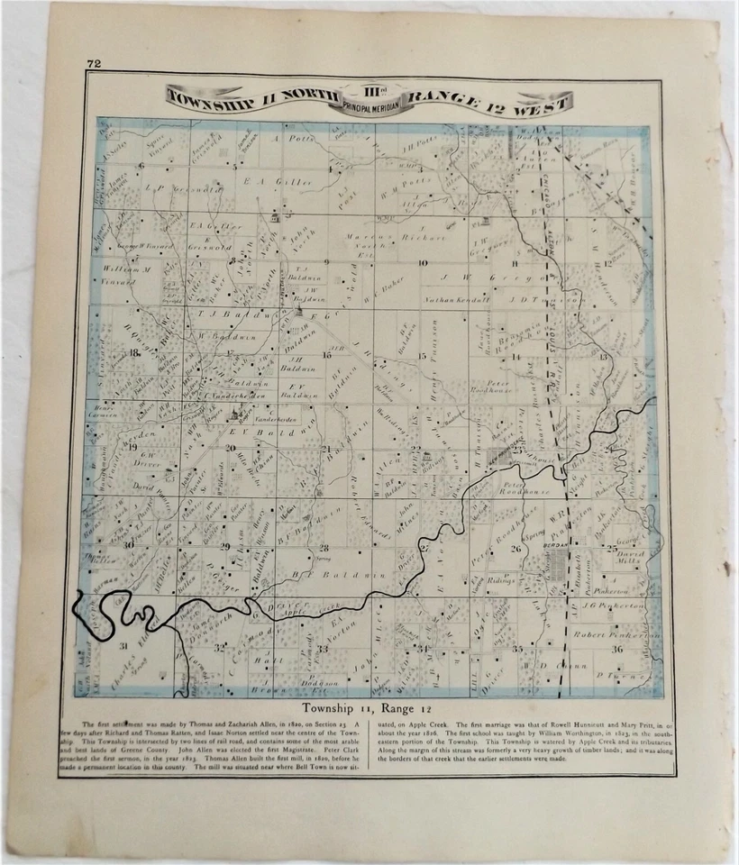 1873 Illinois Berdan New Providence Township 11 Range 12 Greene Co Antique Map - Image 1 of 1