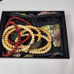 Honora Collection Pearls (6) Cherry, Golden, Cream Stretch Bracelets Satin Pouch - Picture 1 of 7