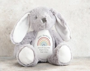 Personalised Rainbow Birth Announcement Bunny White/Grey Bunny - Picture 1 of 5