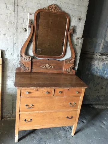 Antique Wood Oak Dresser Mirror Chest Dragons Carving Cover