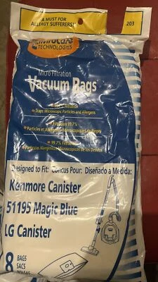 New Pkg Of 8 Kenmore LG Canister 51195 Magic Blue Bags For Type M Allergen - Image 1 of 4