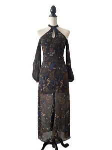 River Island Black Floral Midi Dress Size UK 6 Chiffon Cold Shoulder New