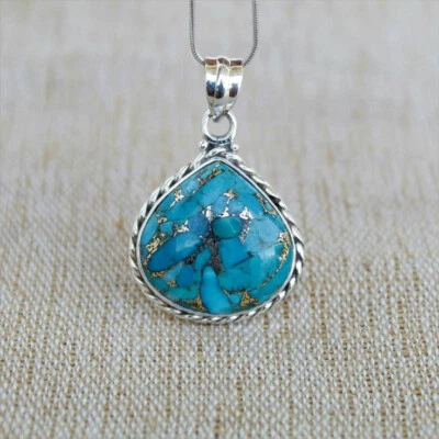 Blu Rame Gemma Pietra Turchese 925 Argento Sterling Fatto a Mano Ciondolo S-44 - Immagine 1 di 4