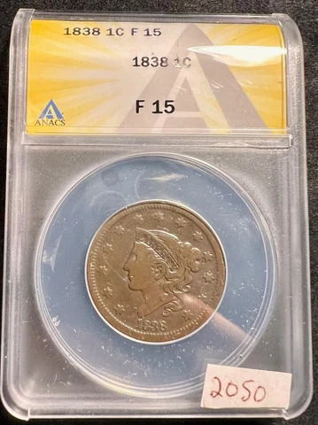1838 Coronet Head Large Cent 1c ANACS F15 GREAT Family Estate COIN 2050 Cover