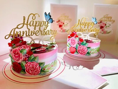 Origami Pop Cards Happy Anniversary Cake with Blue Butterflies Pop Up Greeting — 第 1/4 张图片