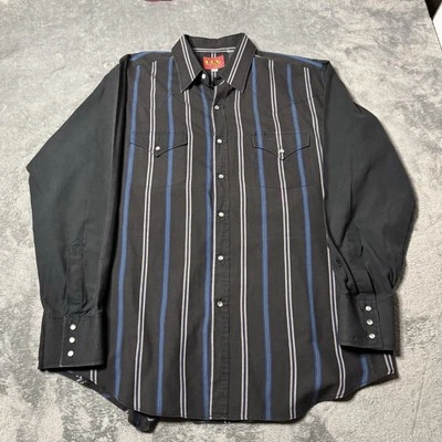 Vtg Ely Plains Shirt Pearl Snap Western Cowboy Striped Blue Yoke XL - Image 1 of 4