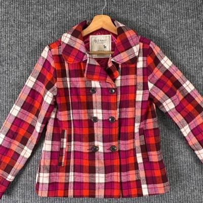 VTG Old Navy Womens M Plaid Wool Blend Jacket Pink Orange Double Breasted Coat - Image 1 of 4