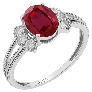 Anello oro bianco massiccio 14 kt stile vintage ovale creato rubino gambo diviso diamante - Foto 1 di 6