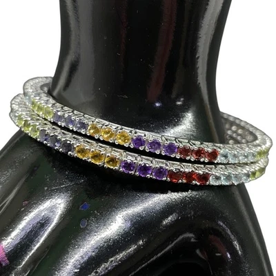 31.82 G Natürlich Multi Edelstein 925 Sterlingsilber Armreif Paar 14K Wg Rhodium - Bild 1 von 4