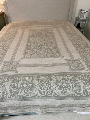 Vintage Machine Lace Tablecloth 60x 85 Beige /Tan Figures  - Image 1 of 3