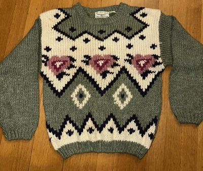 Suéter Grueso Para Mujer De Colección Años 90 Shenanigans Floral Nórdico Pequeño Diamante Verde Foto 1 de 4