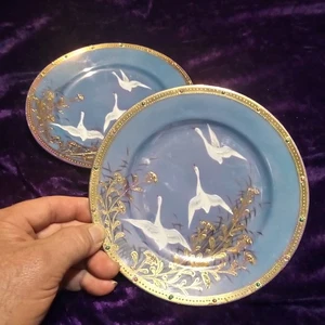 Japan 5 Plate Lusterware Handpainted Flying Swan Plate 7 3/8” Blue/Gold Gilt - Picture 1 of 17