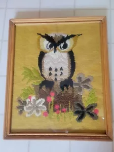 Vintage 1970's Owl Crewel Framed Picture 18 1/2 X 15 3/8 - Picture 1 of 3