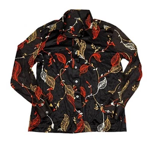 Vintage 70s AOP Leaf Print Big Spread Collar Blouse Top Brown Womens L Large - Picture 1 of 4