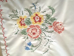 Vtg Tablecloth Hand Embroidered Multicolored French Farmhouse 48" x 56" (READ) - Picture 1 of 9