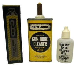 Vtg. Brite-Bore Gun Bore Cleaner Empty Can, Gun Grease 2/3Full , Gun Oil 7/8Full - Picture 1 of 16