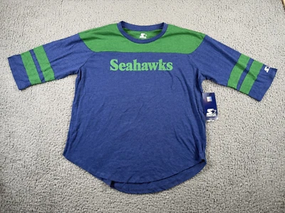 Camisa Pullover Starter Seattle Seahawks Para Hombres XL Azul Logo Deletreado Manga 3/4 Foto 1 de 4