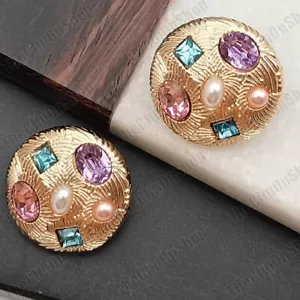 CLIP ON big multi gem EARRINGS texture GOLD TONE vintage RETRO crystal JEWELLED - Picture 1 of 6