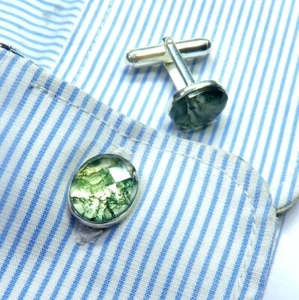 Moss Agate Gemstone 925 Sterling Silver Cufflinks For Men's Special Gift - Picture 1 of 6