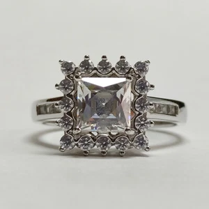 Tycoon Princess Cut Cubic Zirconia Halo 925 Sterling Silver Ring Size 10 - Picture 1 of 12