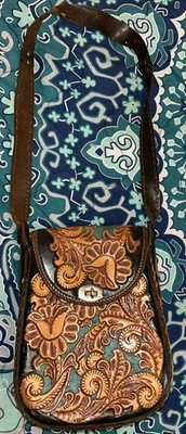 Bolso de Hombro de Cuero Tooled De Colección Pintado a Mano Floral - Cartera Boho Foto 1 de 4