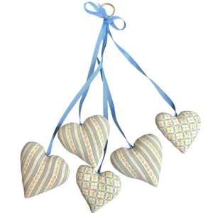 Cottage Core- Fabric Hearts- Hanger- vintage preowned - blue string- 12 " length - Picture 1 of 5