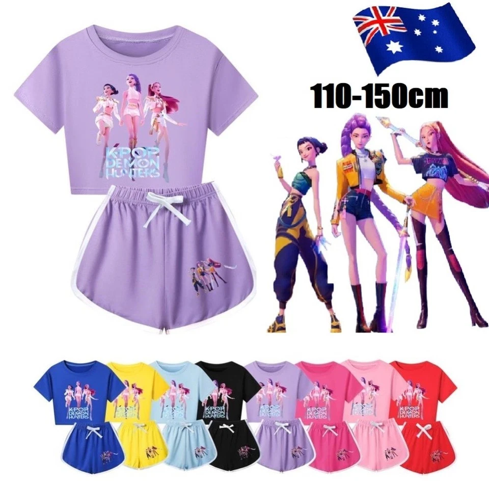 Girls KPop Demon Hunters Tracksuit Cosplay Costume Crop Top Tee+Shorts Sets Gift - image 1 of 4