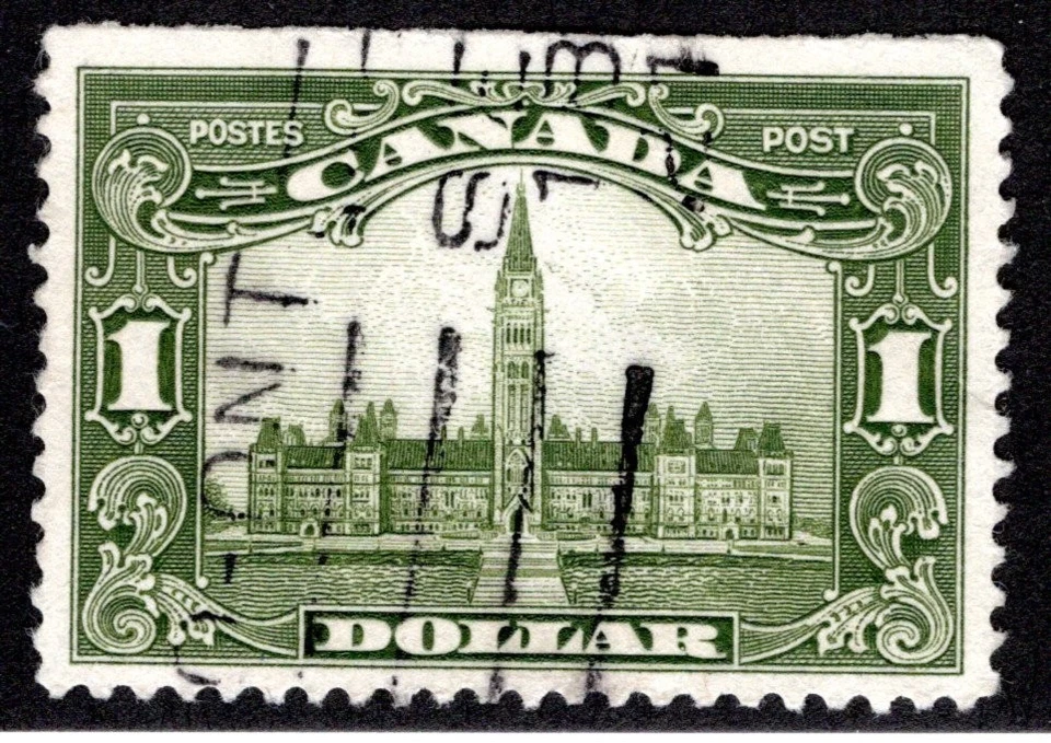 159 Scott - $1 olive green, VF, Used, Parliament Building, KGV "Scroll Issue", C - Image 1 of 1